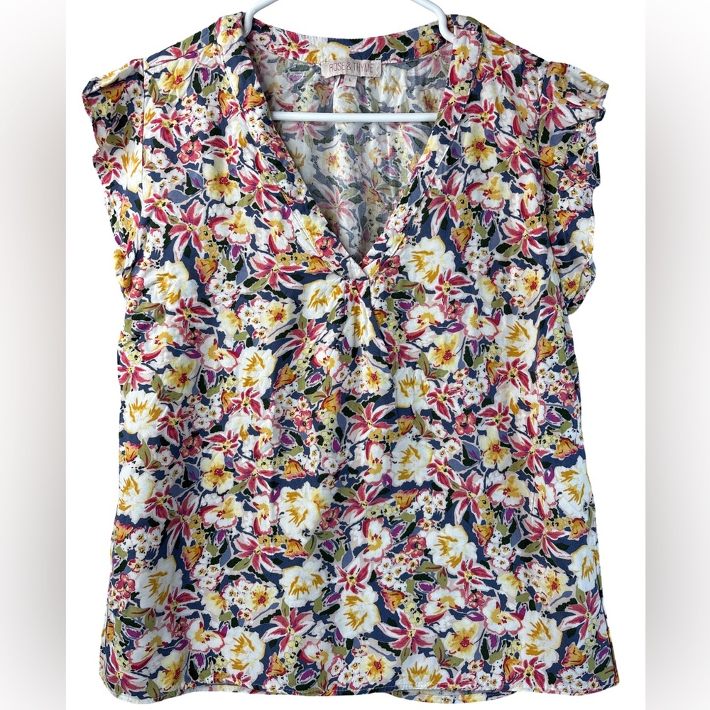 Rose & Thyme  Floral V-Neck Blouse - Yellow and Red Large